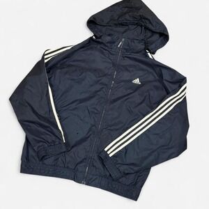 90s Adidas Navy Blue Track Jacket Hooded Full Zip Three Stripe Athletic Size L